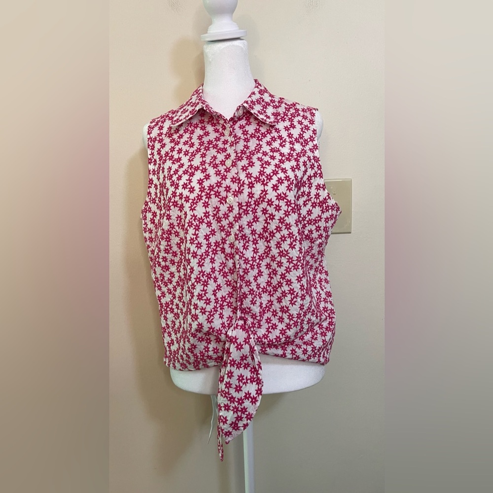 Talbots Women’s Pink Starts Embroidery Sleeveless Button & Tie Front Top Sz 14 - Picture 4 of 17
